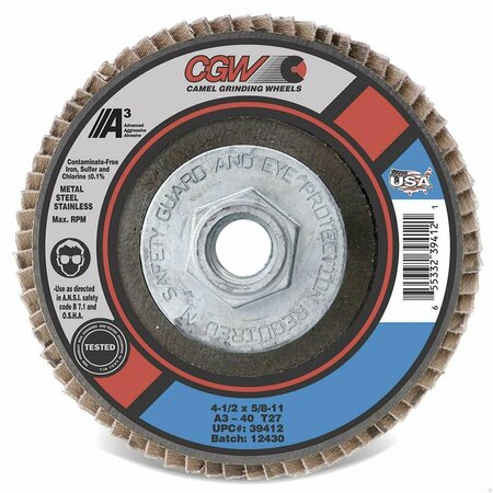 CGW ABRASIVES Contaminant-Free Premium Regular Coated Abrasive Flap Disc, 4-1/2 in Dia, 24 Grit, Coarse Grade, A3 39410